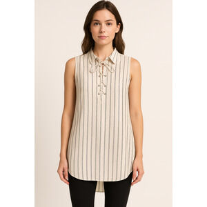 Lumiere Sleeveless Striped Tunic Top Small Lace Up Front Hi Low Hem